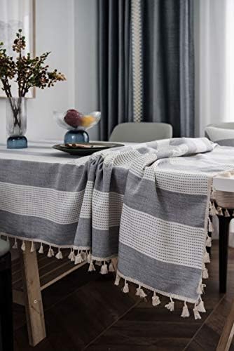 Gray Cotton Square Tablecloth 70 W x 70 L, Stripes with Tassels Table