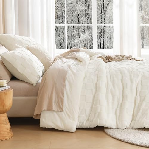 Litanika Fluffy King Comforter White Cream, 3Pcs Warm Sherpa Fleece