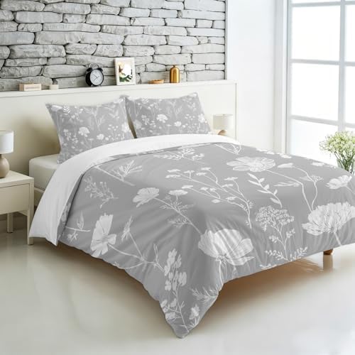 3 Pieces Bedding Set Queen Size, Grey Wildflowers Soft Duvet Covers
