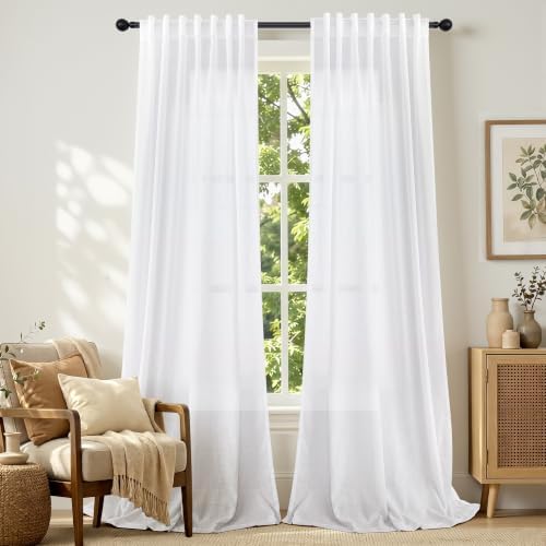 Extra Long White Curtain 108 Inches Long 2 Panel Set for Living Room