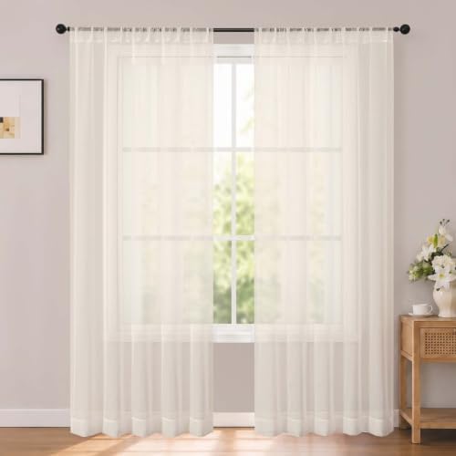 OWENIE Cream Sheer Curtains 84 Inches Long 2 Panels for Living Room 52