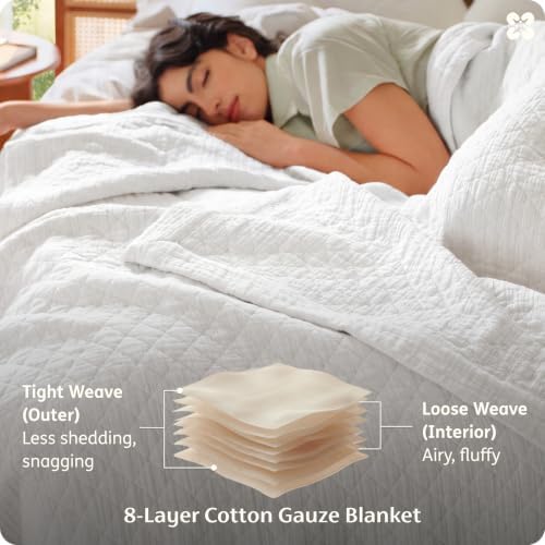 Bedsure PureWoven 100% Cotton Muslin Blanket 8-Layer, Queen, Off White