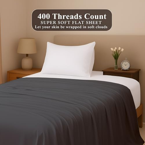 SKY BEDDINGS Full Flat Sheets, 100% Egyptian Cotton, Sateen, Dark Grey