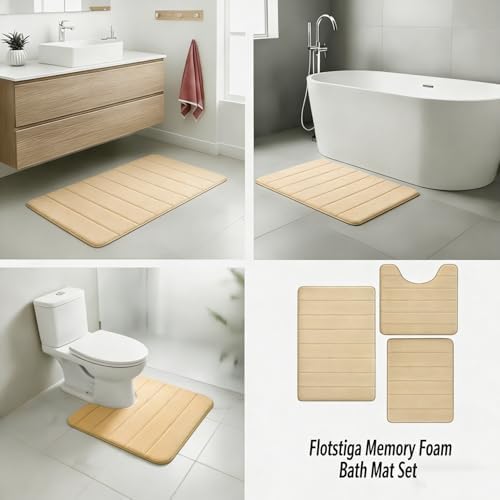 Memory Foam Bath Mat Set 3 Piece,Super Soft Absorbent Bathroom Rug Non