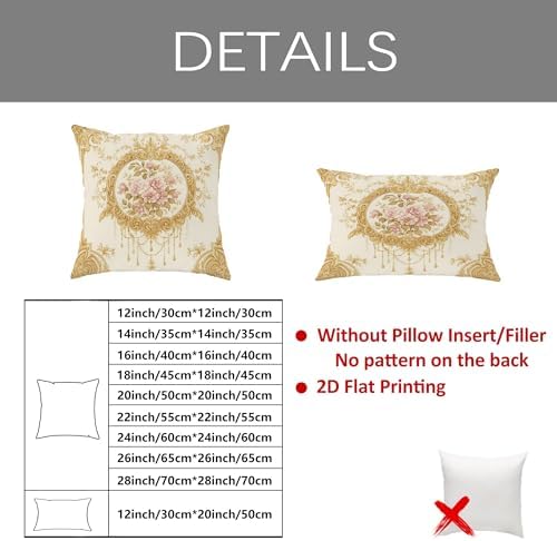 Elegant Floral Throw Pillow Covers Set of 2, Cream Gold Vintage Rose
