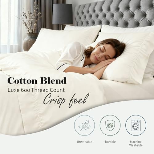 SUPERIOR Cotton Blend 600 TC Embroidered Hem Bed Sheets, Split King