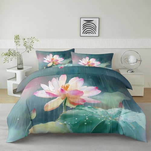 California King Duvet Cover Set Chinese Art Lotus Flowers Rainwater