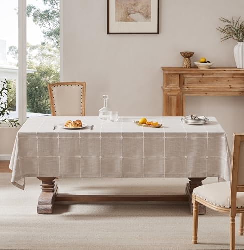 ZeeMart Grid Embroidered Rectangle Hemmed Tablecloths 52x70in, Taupe