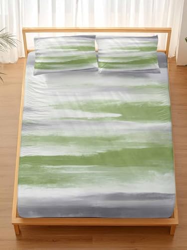 Sage Green Gray King Fitted Sheet Set, Neutral Abstract White Ombre