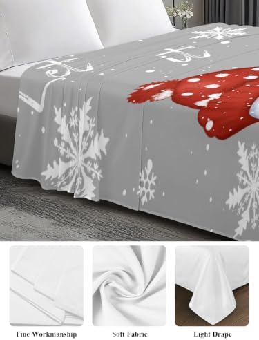 King Size Flat Sheet Only, Snowman Christmas Snowflakes on Gray Bed