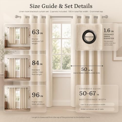 Linen Look 100% Blackout Bedroom Curtains, 96 Inch Long