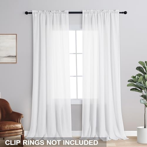 KOUFALL 90 Inch White Linen Curtains, Textured Semi Sheer Curtains for