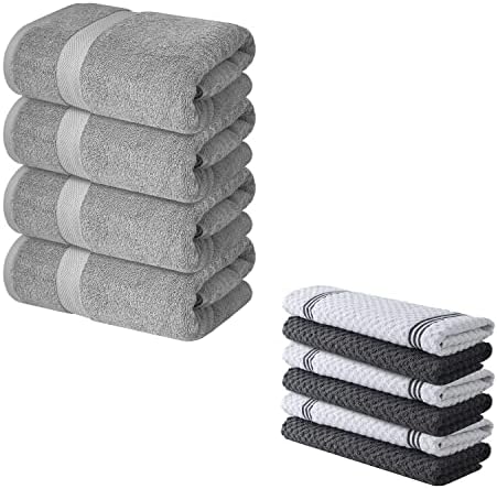 Infinitee Xclusives Pack of 4 Grey Bath Towels + Pack of 6 Kitchen