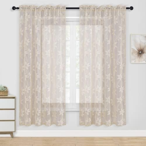 DWCN Beige Sheer Curtains - 72 inches Long Elegant Floral Lace Rod