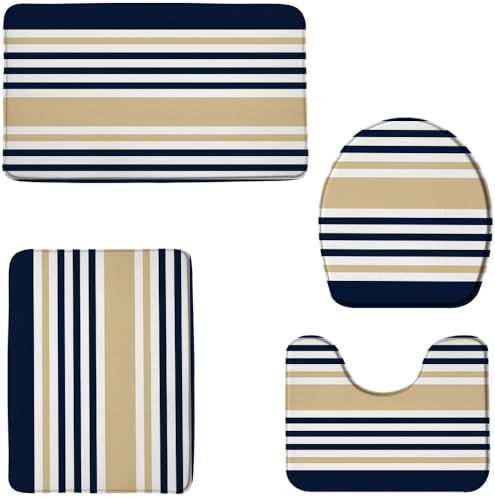 4 Pieces Bathroom Rugs Set Navy Blue Khaki Bath Mat Abstract Geometric