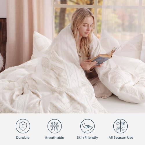 SLEEP ZONE Queen Duvet Cover Set, Tufted Boho Cotton Blend, Beige