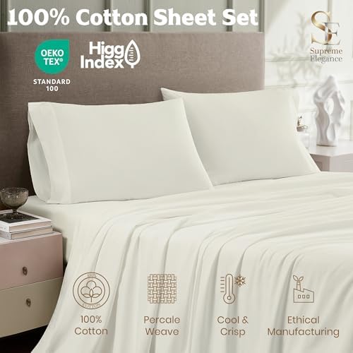 SUPREME ELEGANCE 100% Cotton Sheets Twin Size Bed Set, Percale, Fresh