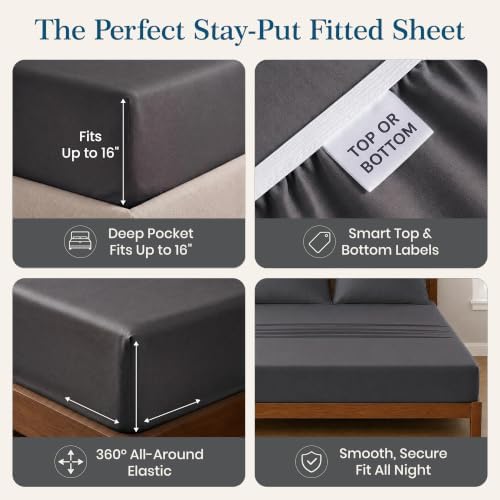 Luxury 4Pc King Size Sheets Set, 100% Cotton Sateen (Charcoal Grey)