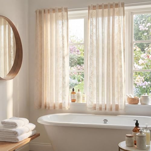 jinchan Floral Linen Curtains, Back Tab 50x63 Inch, 2 Panels Ivory