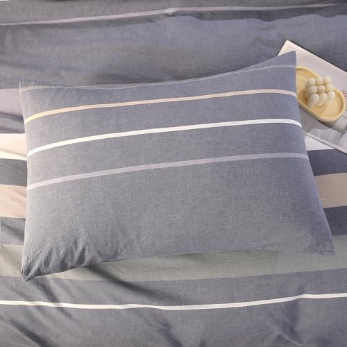 vctops 100% Washed Cotton Duvet Cover King Size 3 Pieces Grey Striped