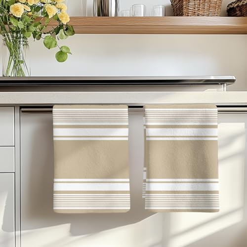 Farmhouse Beige Striped Kitchen Towels Set of 3, Absorbent Dish Towels