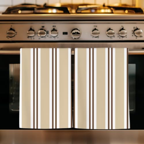 Beige Striped Kitchen Towels Set of 3, Absorbent Dish Towels for