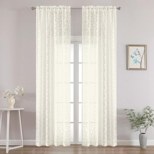 Chyhomenyc Ivory Sheer Curtains 96 Inch Length 2 Panels Set, Light