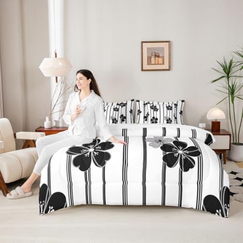 Manfei Stripe Flower Kids Comforter Queen Size,Geometric Line Floral