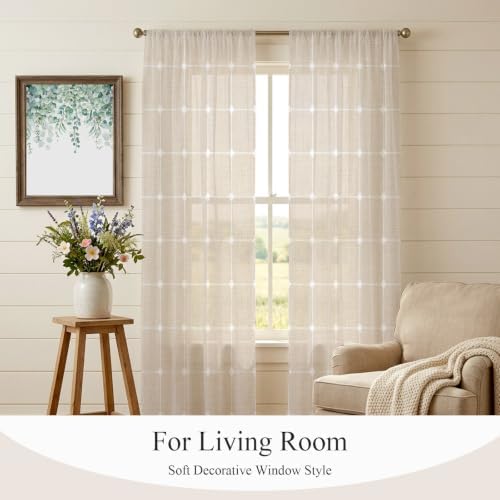 Minimalist Sheer Curtains 108 Inch Long 2 Panels Grid Lines Linen