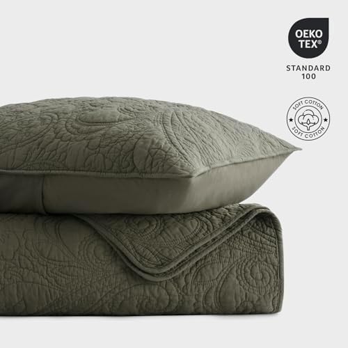 EVERGRACEHOME 100% Cotton Paisley Quilt Set, Queen Size, Olive Green