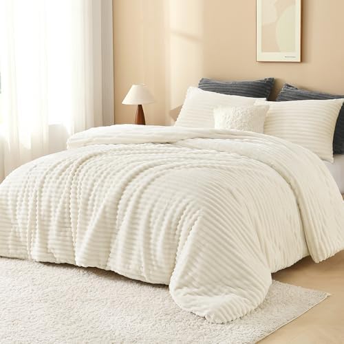 Andency Fluffy King Size Comforter Set, Cream Fleece Faux Fur Bedding