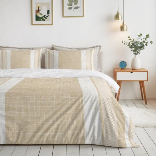 Beige Stripes Queen Size 4 Piece Duvet Cover Set, Minimalist Cream