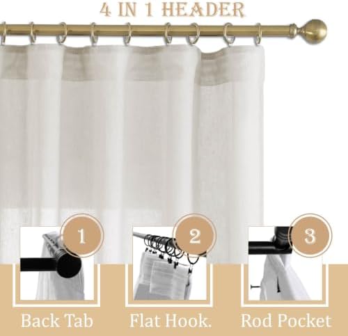 2 Panels Semi Sheer Linen Back Tab Curtains for Living Room, 40"W x