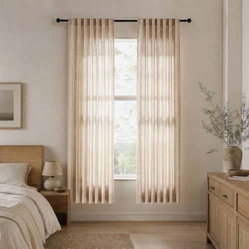 Warm Beige Sheer Linen Curtains for Living Room Bedroom 72 Inches Long