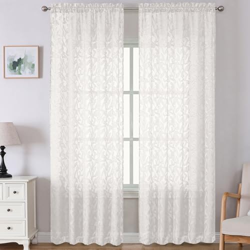 Lecloud Leia Ivory Sheer Curtains 108 Inches Long 2 Panels, Airy