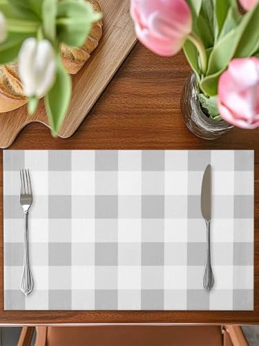 Grey White Plaid Placemat Set of 8, Modern Geometric Minimalist Grid