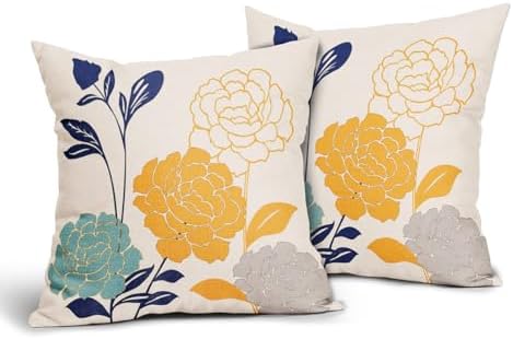 Flowers Outdoor Pillow Covers 22x22 Set of 2, Teal Grey Mustard Yellow