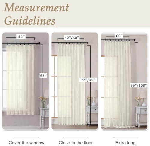 OVZME Cream Crushed Window Sheer Curtains 120 Inches Long 2 Panels
