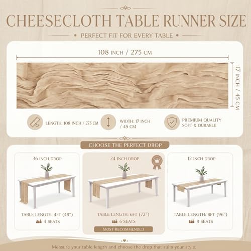 12 Pack Beige Cheesecloth Table Runner 17x108 Inch Boho Rustic Semi