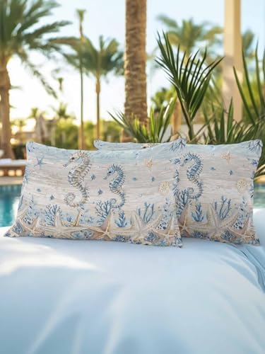 Outdoor Throw Pillow Waterproof Pillows, Summer Ocean Seahorse Coral