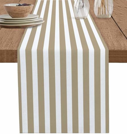 Beige Striped Cotton Linen Rectangle Table Runners 13"x108", Modern