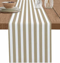 Beige Striped Cotton Linen Rectangle Table Runners 13"x108", Modern