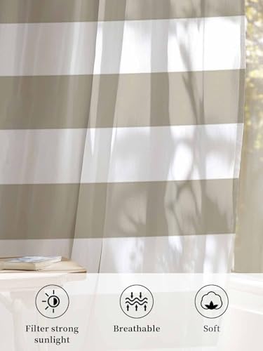 Sheer Curtains 108 inches Long 2 Panels Set Beige and White Stripe