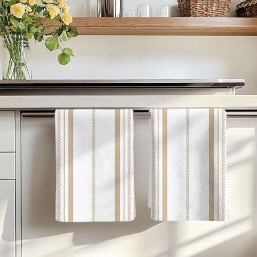 Beige Vertical Stripes Kitchen Towels Set of 3, Absorbent Dish Towels