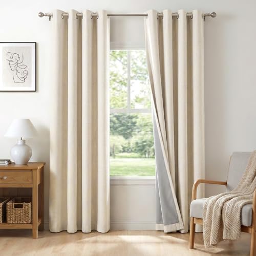 100% Blackout Linen Curtains 84 Inch Long 2 Panels Set, Butter Cream
