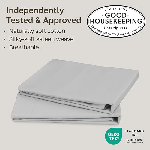 Natural 100% Cotton Sateen Queen Size Pillow Cases, 2-Pack, Light Grey