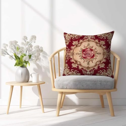 Burgundy Rose Throw Pillow Covers 18x18 Set of 2, Baroque Floral