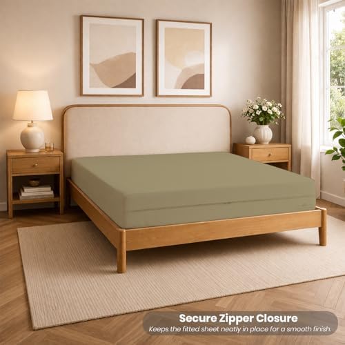 Queen Size Microfiber 1 PC Zipper Fitted Sheet 16 Inch Deep, Taupe