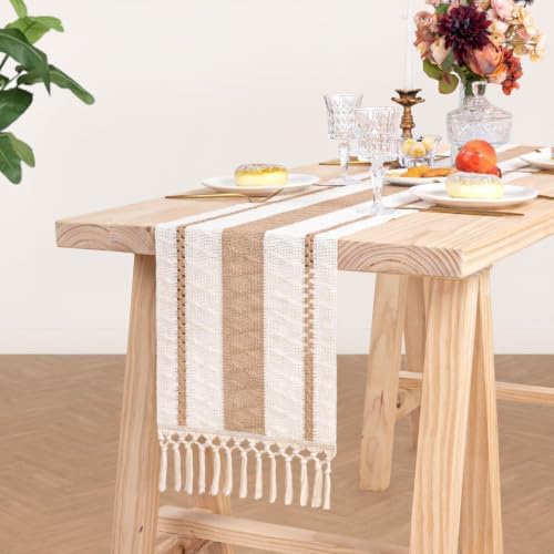 Table Runner Tassel Cotton Linen Pattern Bohemian Beige Color 12*108