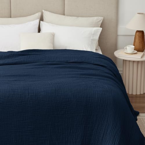 100% Cotton Muslin Blanket for Adults, 6-Layer, Queen, 90 x 90, Navy